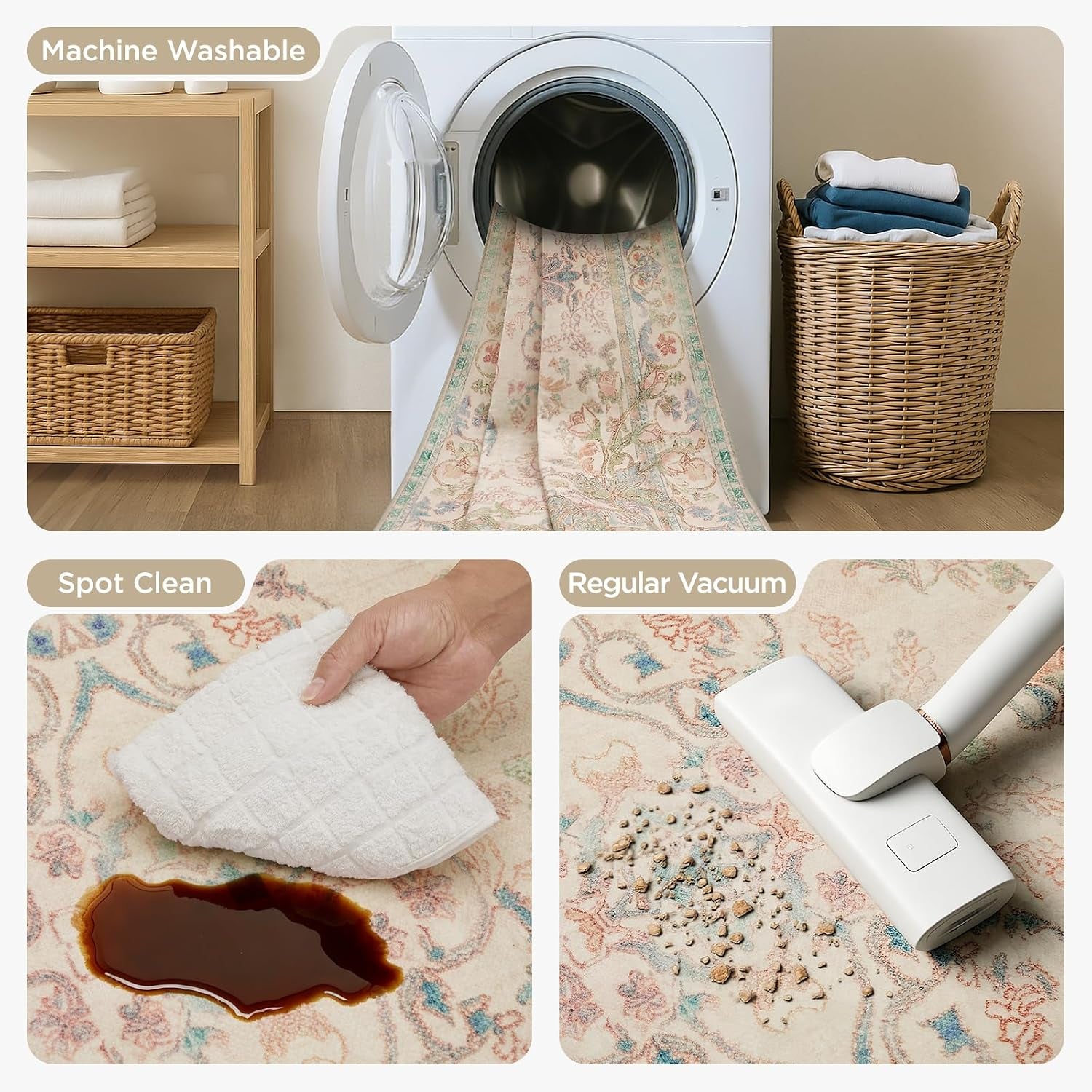 Collage showing the rug being placed in a washing machine, spot-cleaned and vacuumed to illustrate care instructions