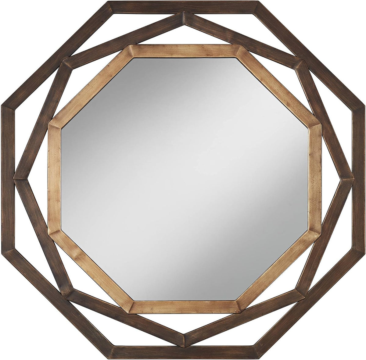 Tight front detail of the mirror's two-tone bronze openwork frame framing the reflective glass surface