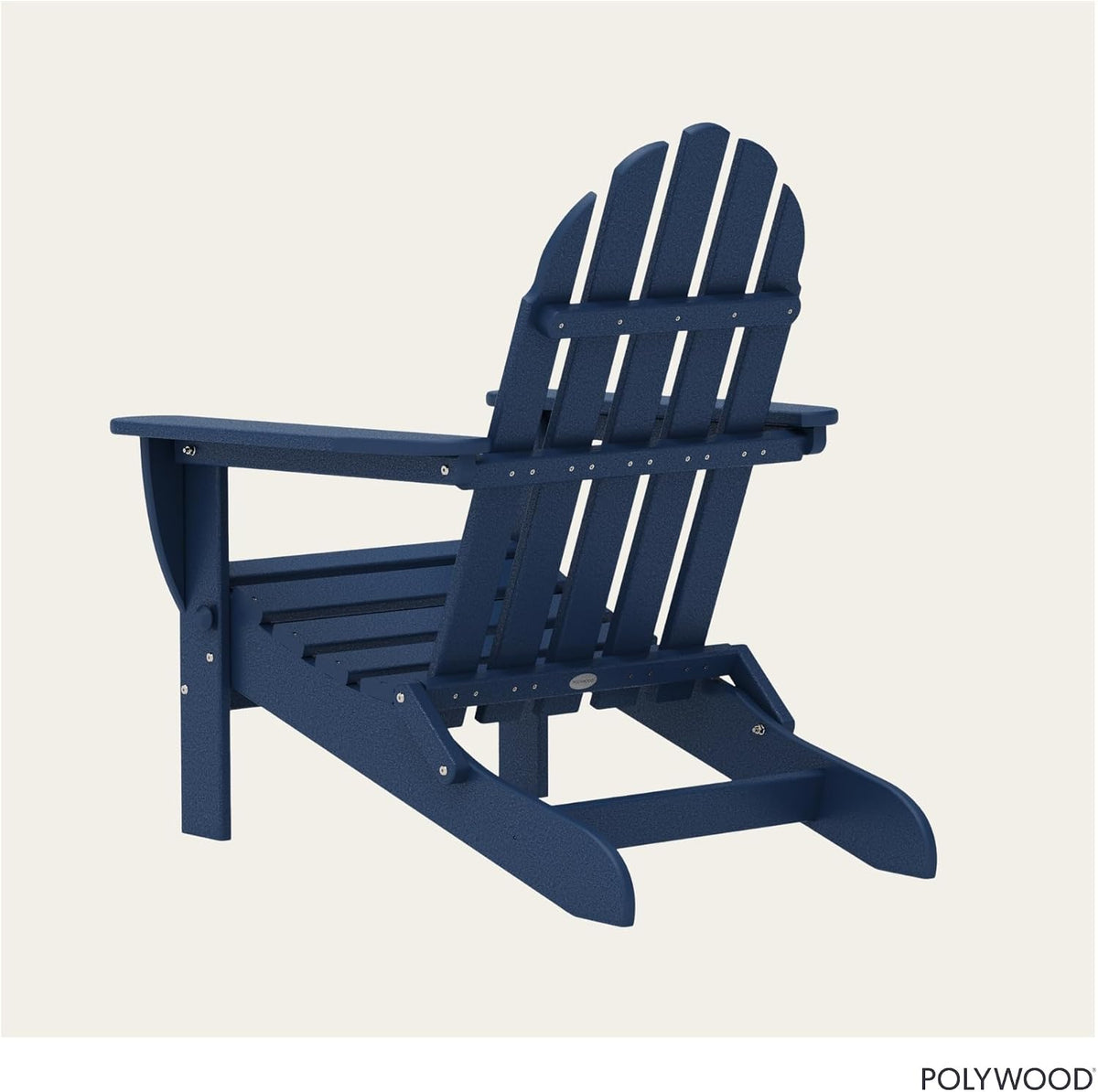 Rear three-quarter view of a navy folding Adirondack chair on a plain light background showing slatted back and frame
