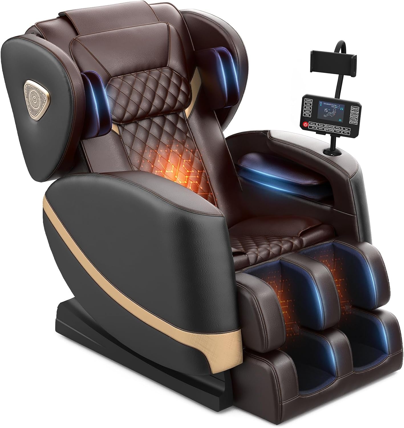 Brown-and-black full-body massage chair angled front-right view showing footrest, headrest and touchscreen controller