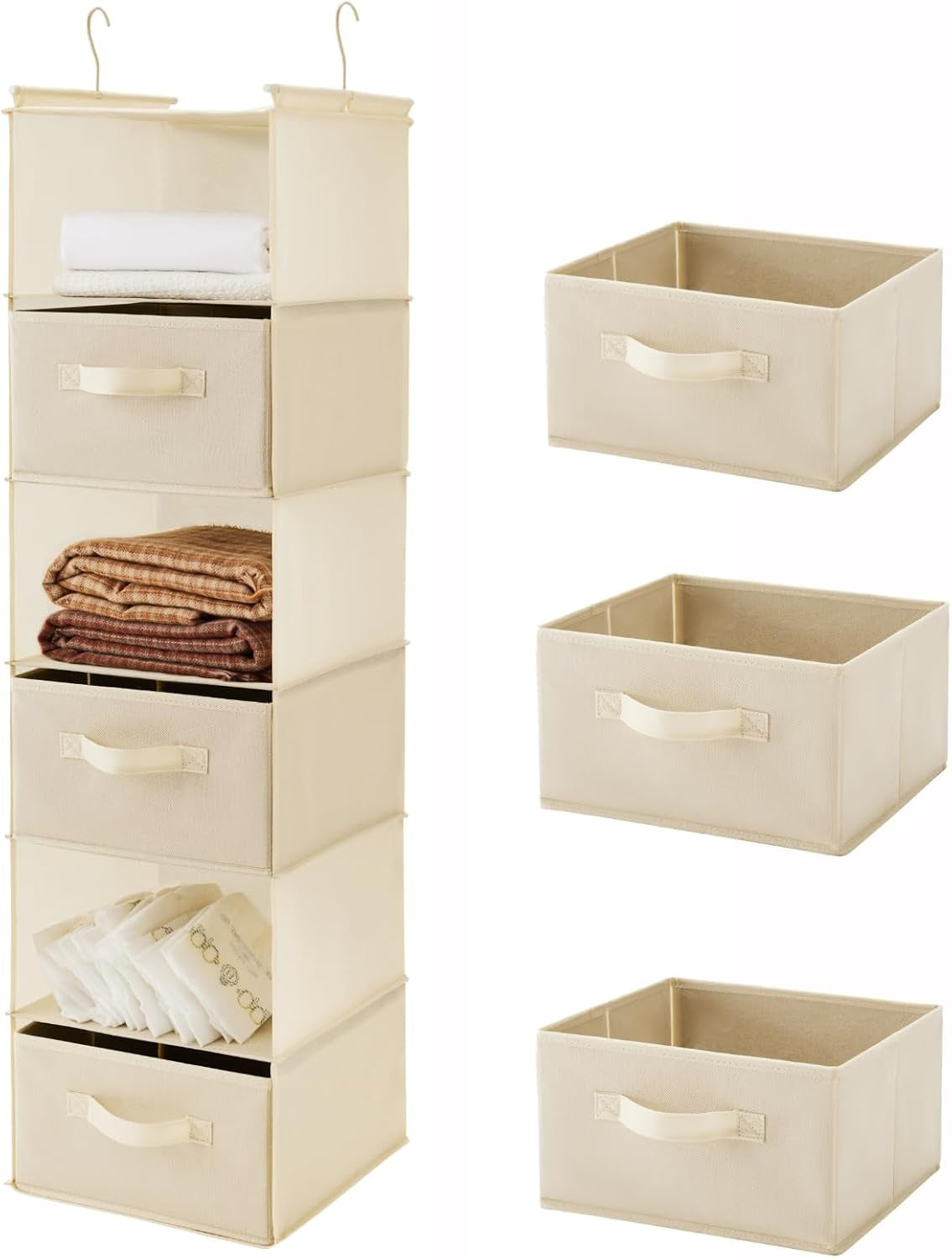 Beige hanging organizer shown with three matching removable fabric storage bins on the right