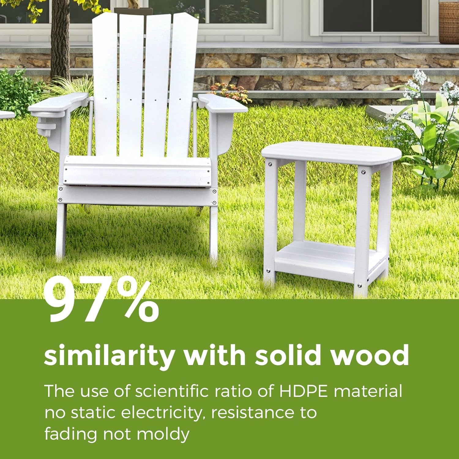 White Adirondack chair and matching white side table placed on a lawn
