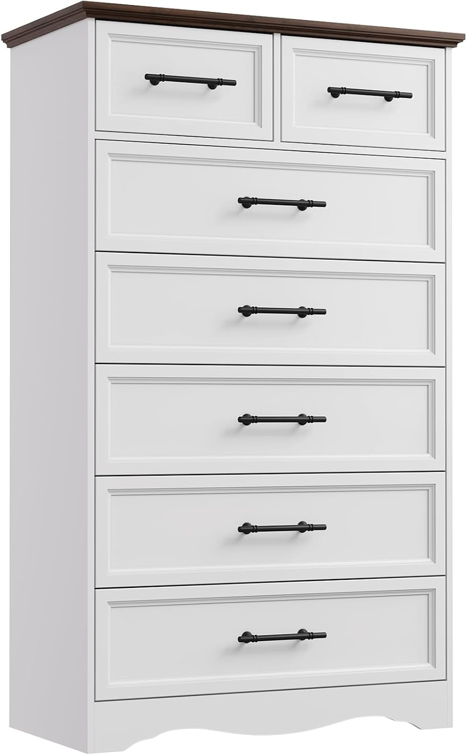 Tall white six-drawer chest with black bar handles and a contrasting wood-tone top.