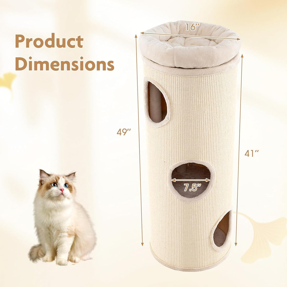 Illustration of the beige cat tower with arrows indicating overall height and top perch diameter