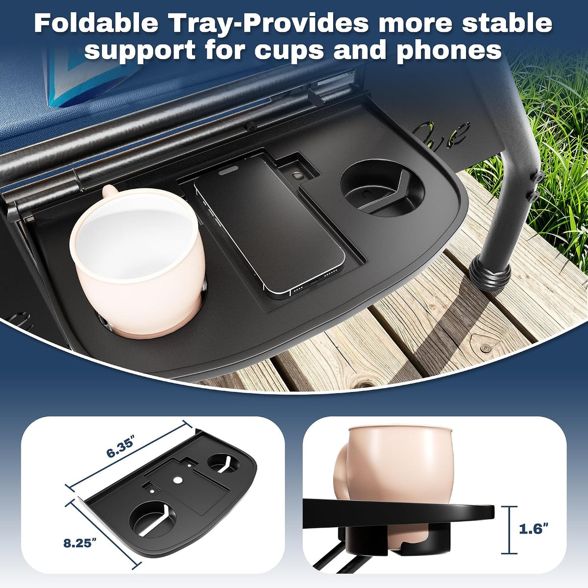Close-up of black foldable side tray with cup holder and phone slot attached to the swing arm