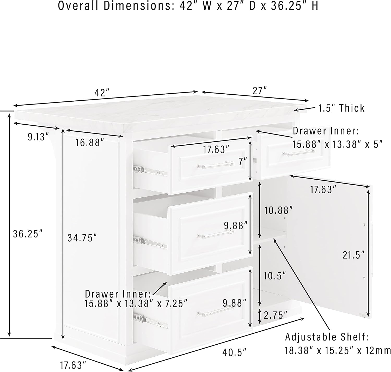 Dimension diagram for the island with measurements and drawer and shelf size callouts