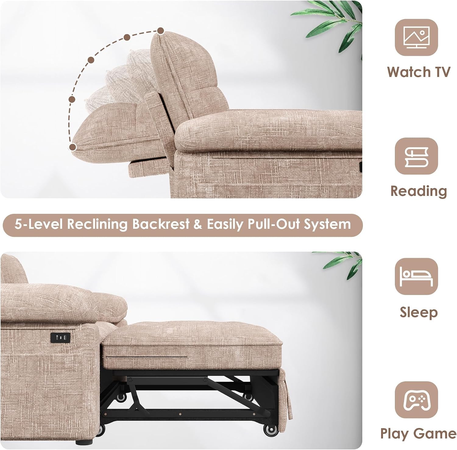 Close-up of pull-out metal frame and wheels with USB/Type-C charging port and reclining backrest stages