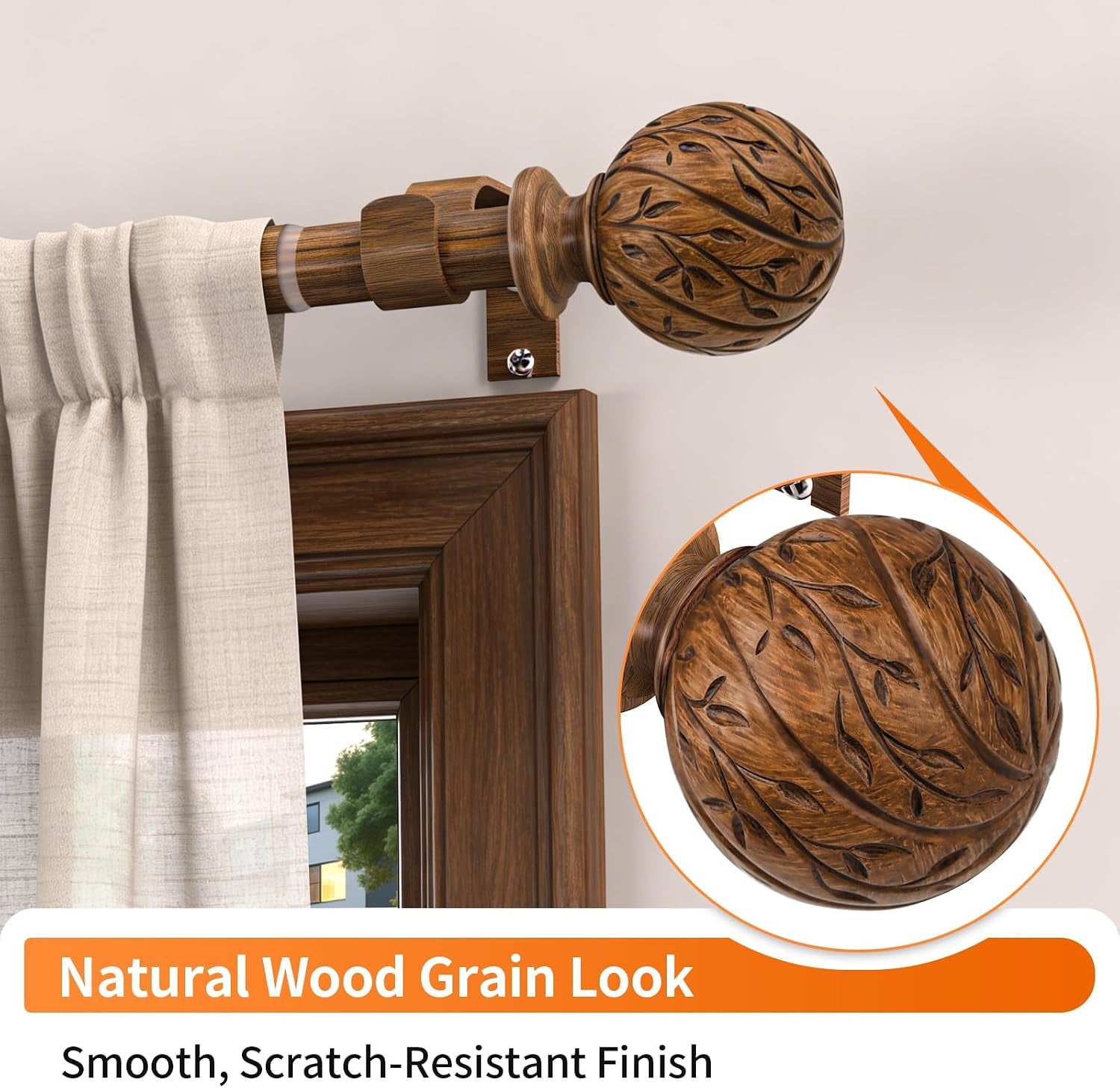 Mounted rod above a window with a magnified inset highlighting the carved leaf-pattern round finial and bracket placement.