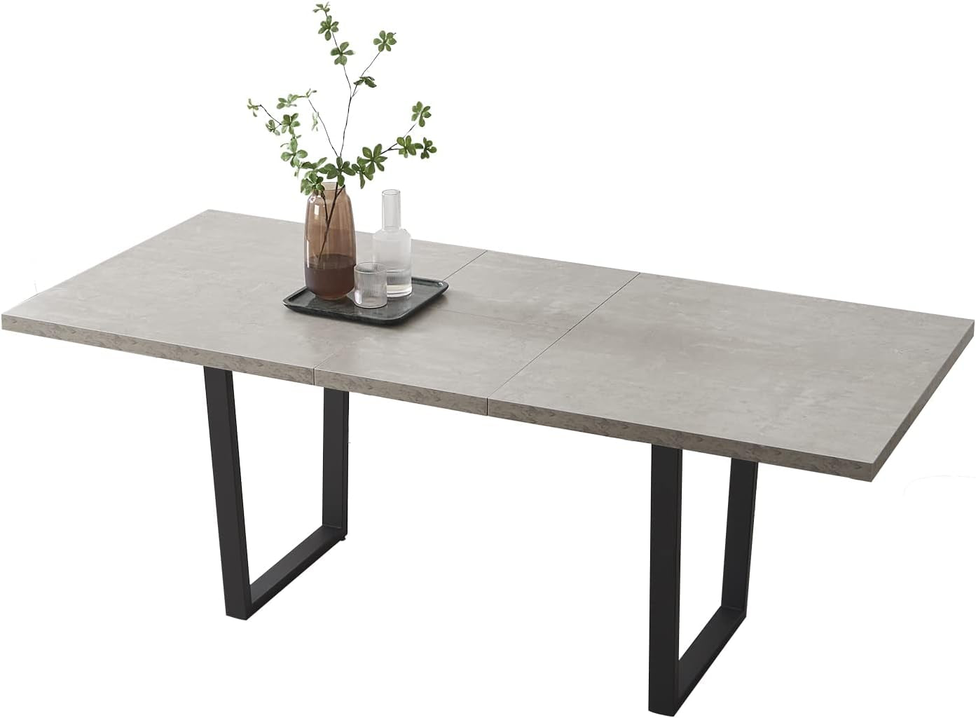 Rectangular gray tabletop shown alone on black U-shaped metal legs, white studio background.