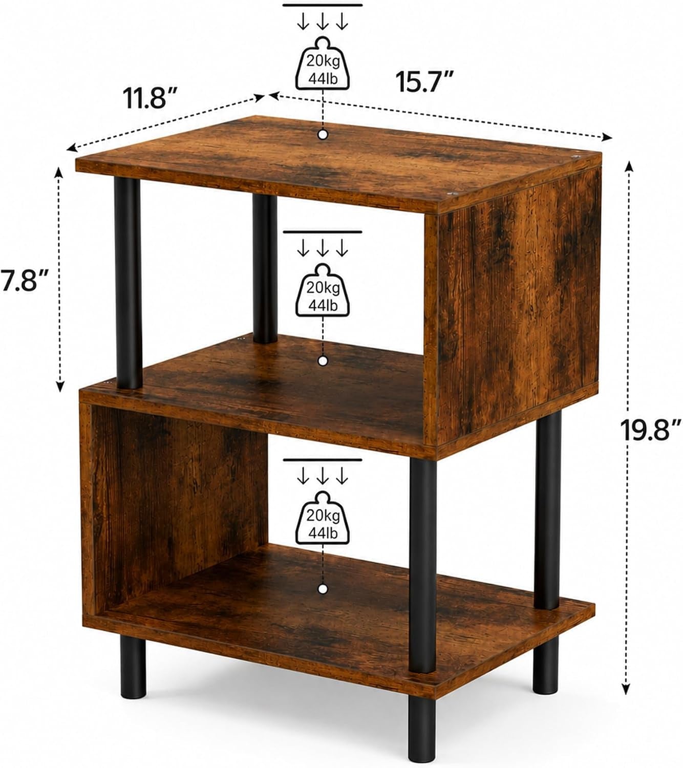Illustration showing table dimensions and 44 lb weight capacity per shelf with rustic brown finish
