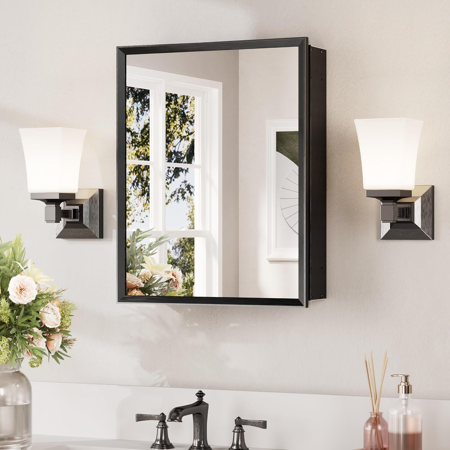 Black framed medicine cabinet with mirrored door reflected window and floral arrangement on the counter.