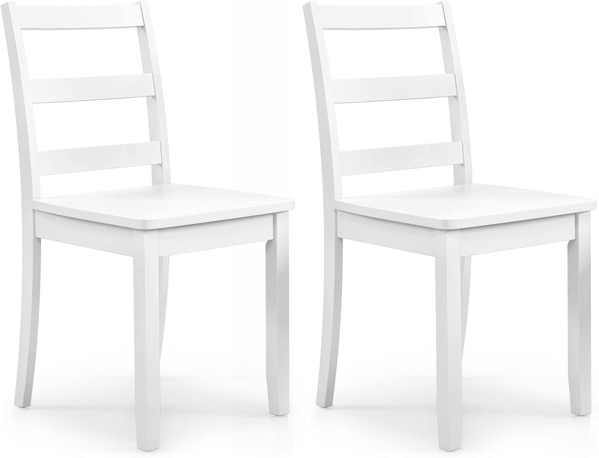 Two white ladder-back chairs in matching angled poses, emphasizing clean lines and curved rear legs
