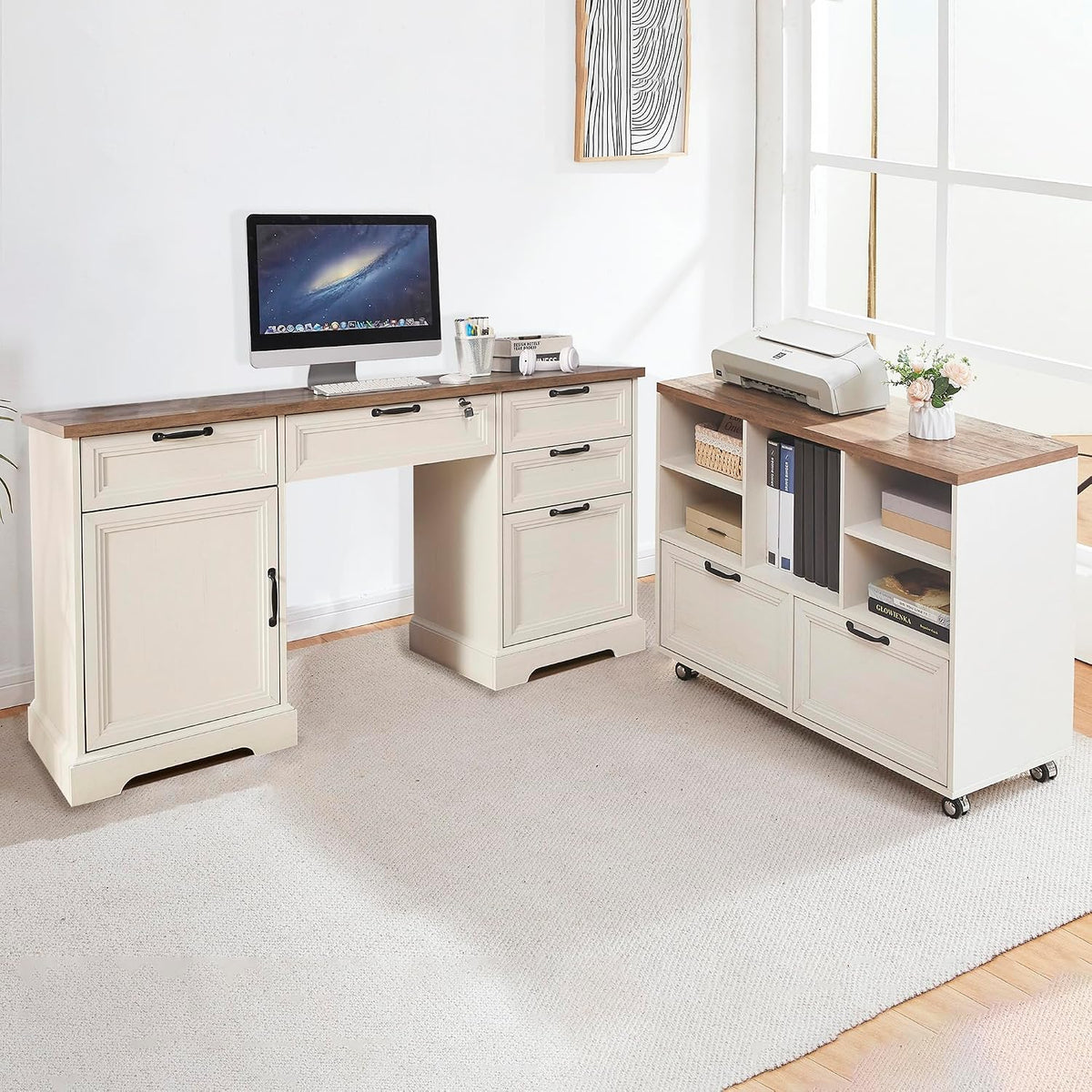White L-shaped executive desk and matching mobile file cabinet with rustic wood top shown in a bright home office