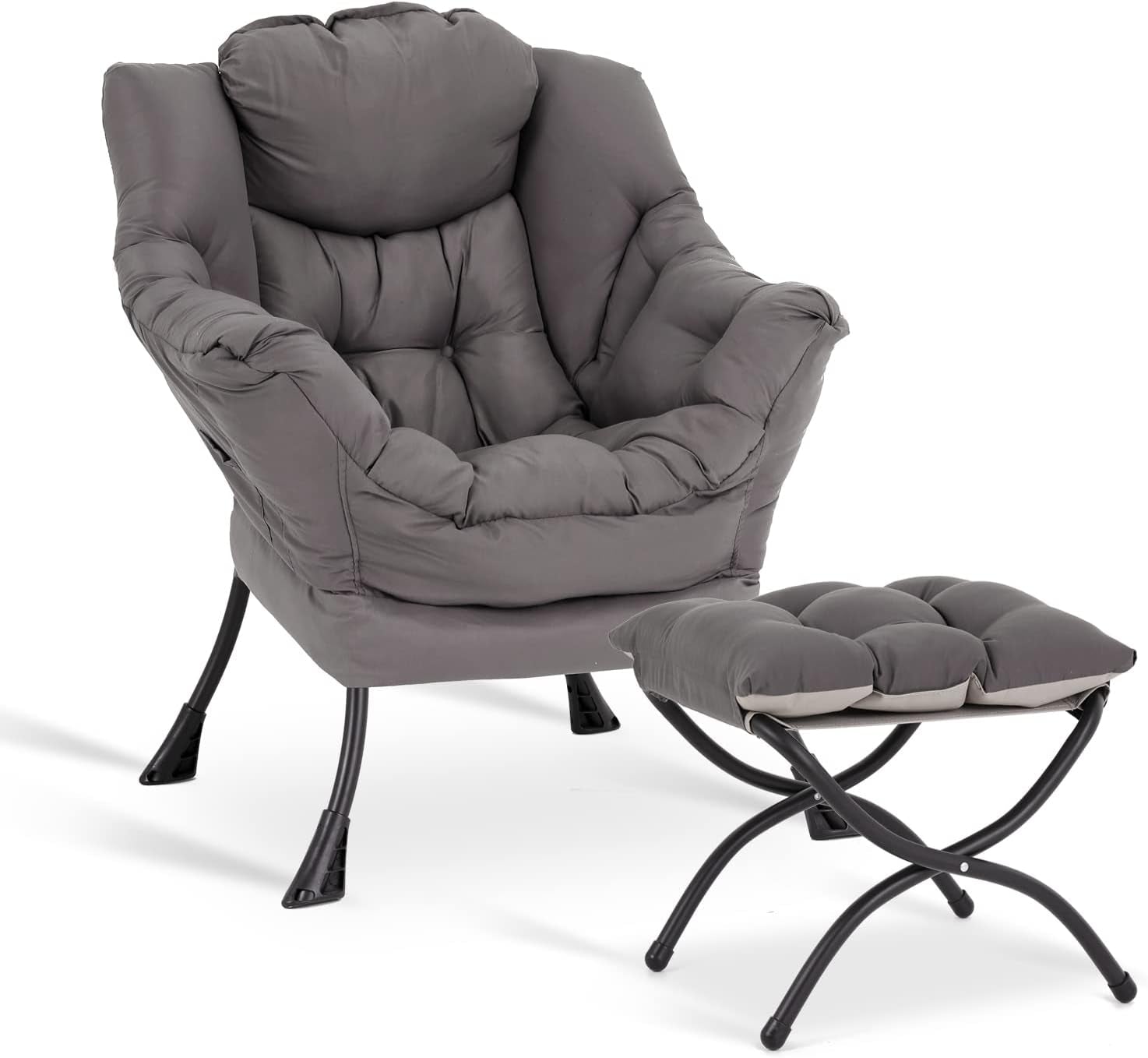 Gray padded lounge chair with matching tufted ottoman on black curved metal legs, white background.