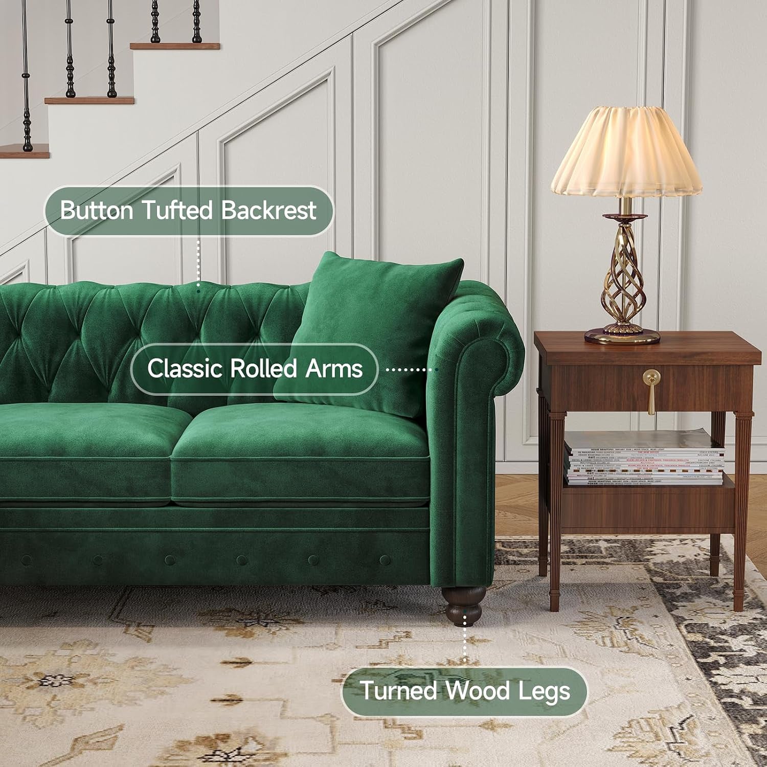Close-up of button-tufted backrest, classic rolled arm and turned wood leg beside a side table
