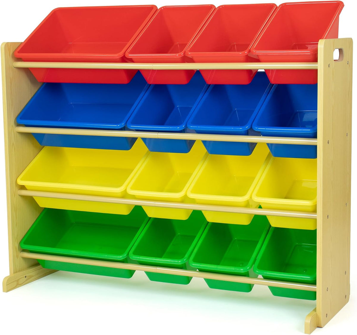 Four-tier wooden toy organizer with 16 colorful bins (red, blue, yellow, green).