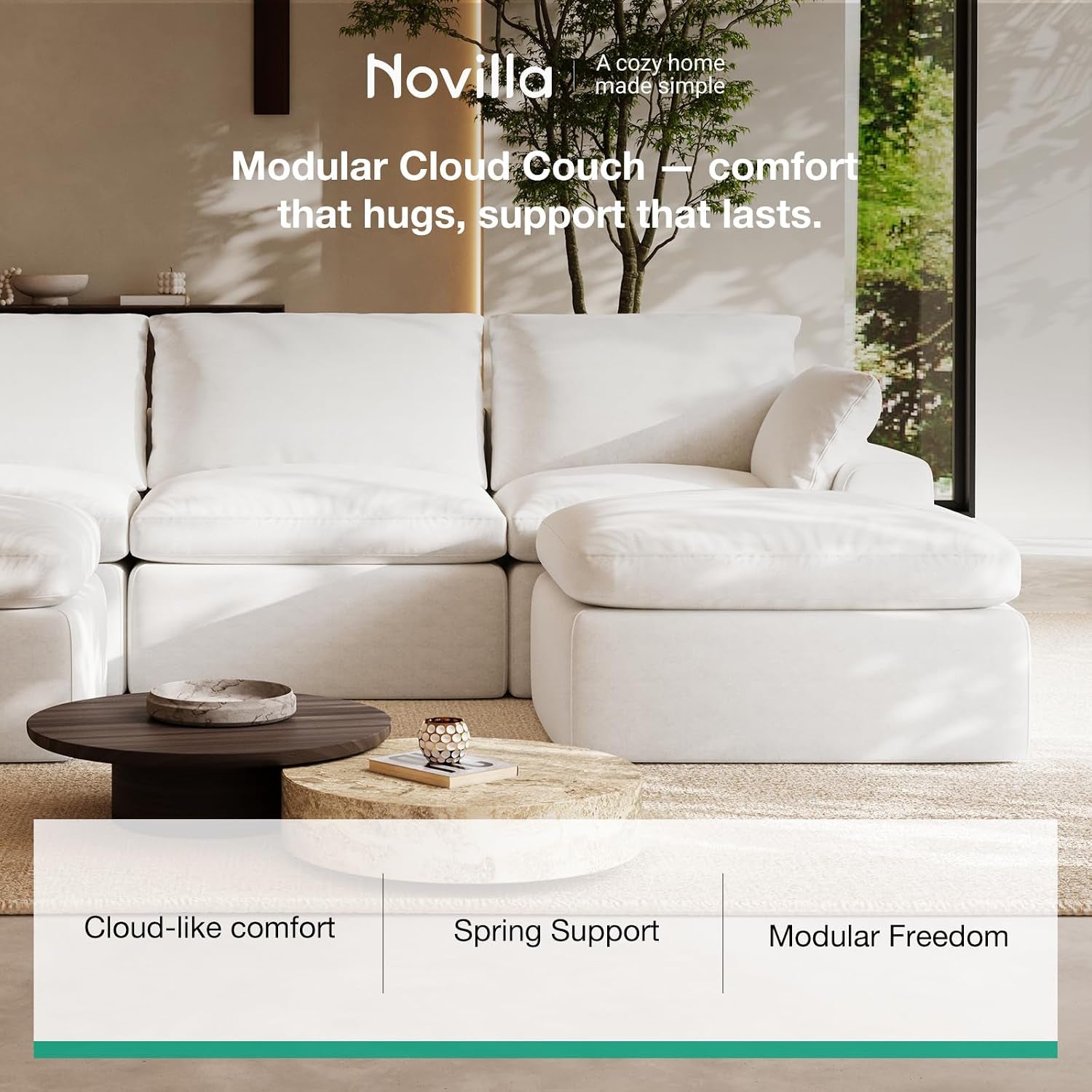 104.3" Modular Cloud Couch, Modern Sectional Sofa with Smarts Coil® Support, Chenille Fabric, Upholstered Couch for Living Room Apartments Bedroom, No Assembly, 3 Seater + 1 Ottoman, White