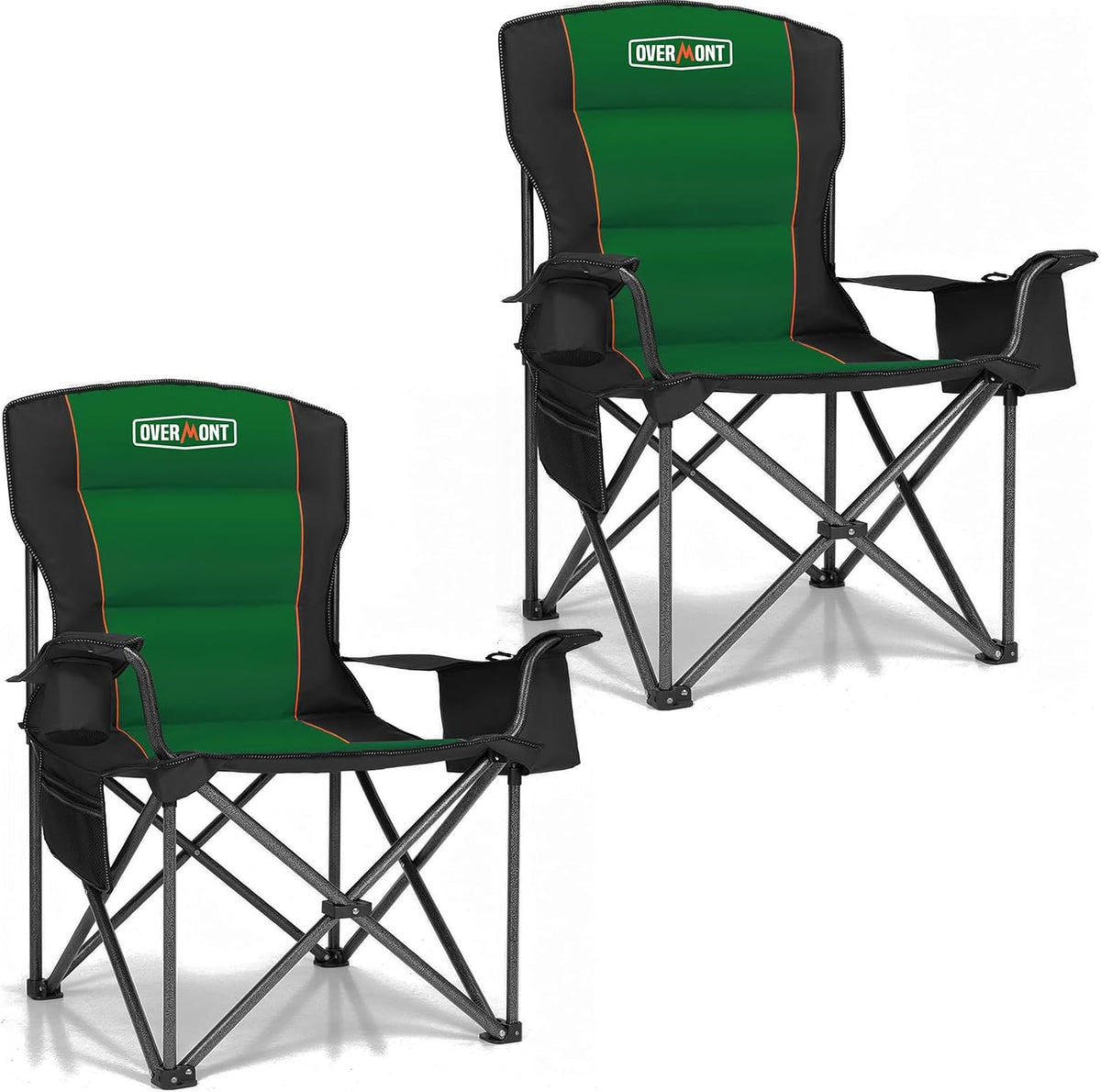 Green padded folding camp chair with reinforced metal X-frame and cup holder on arm