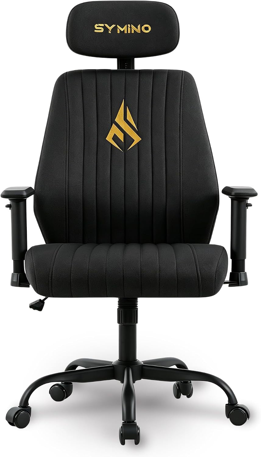 Black office chair front view with adjustable armrests, headrest and five-star caster base
