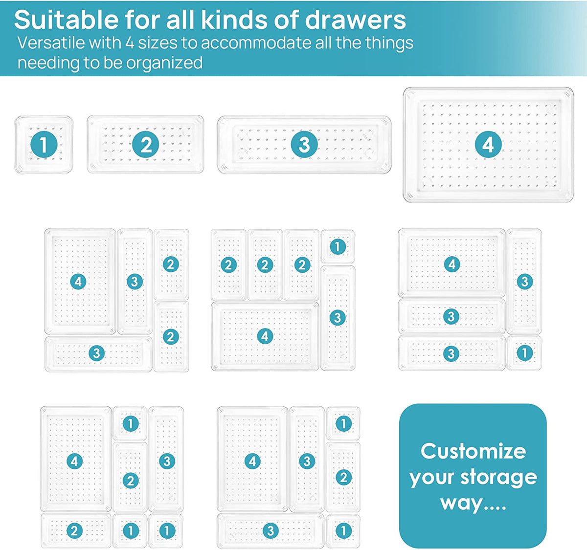 Multiple layout examples showing combinations of four clear tray sizes arranged in drawers