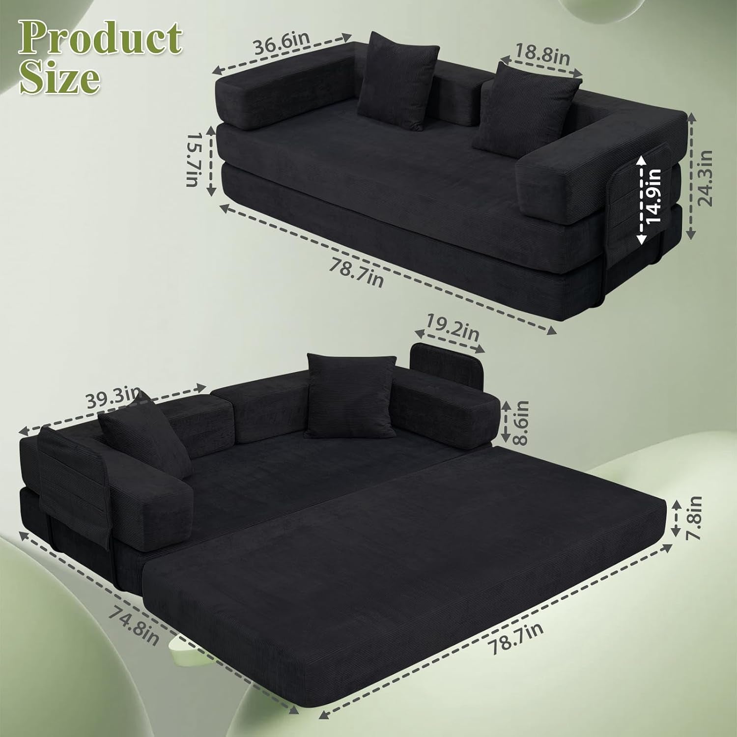 Diagram view showing product dimensions and the sofa converted to a full sleeping surface in black corduroy