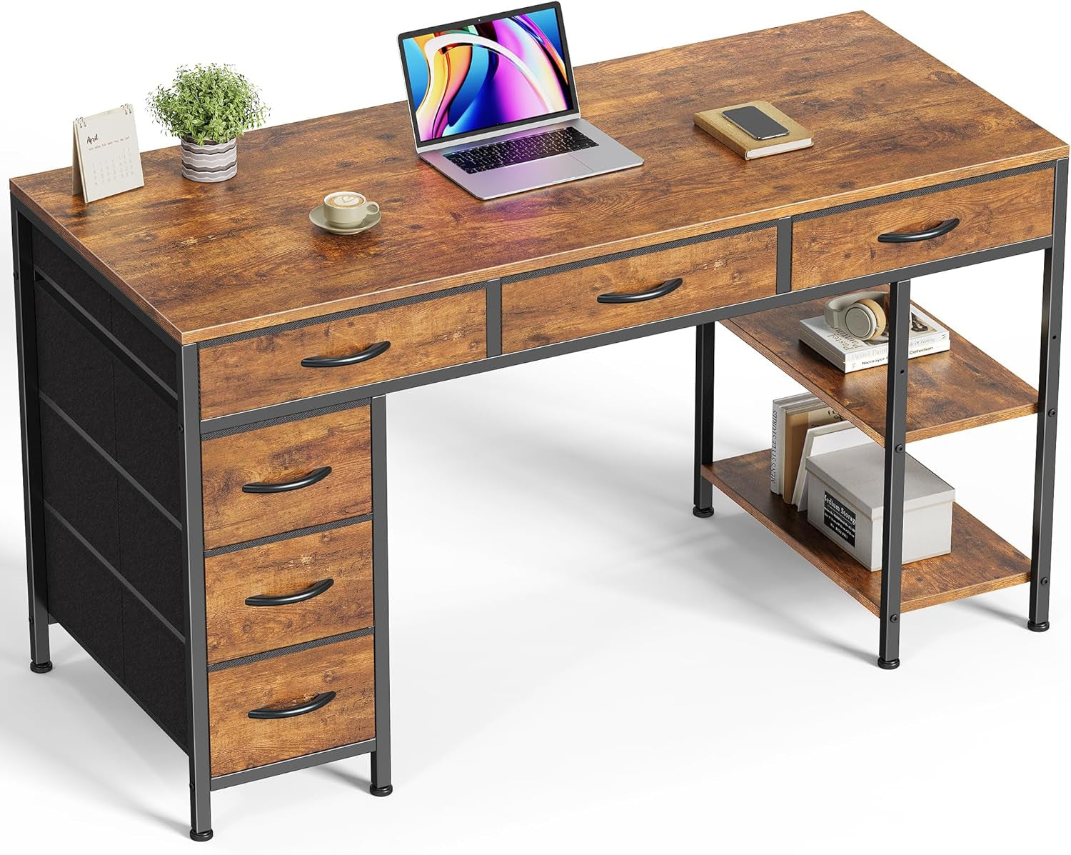 47-inch desk top with laptop, three front drawers and open right-side shelves in brown finish