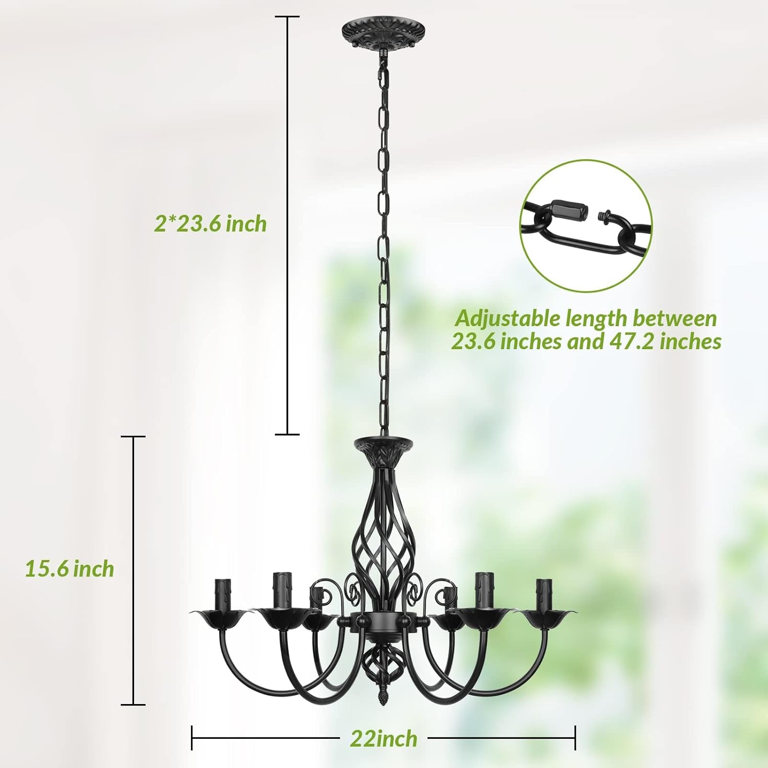 Measurement diagram showing chandelier dimensions with 22-inch width, 15.6-inch height, and adjustable chain length markings