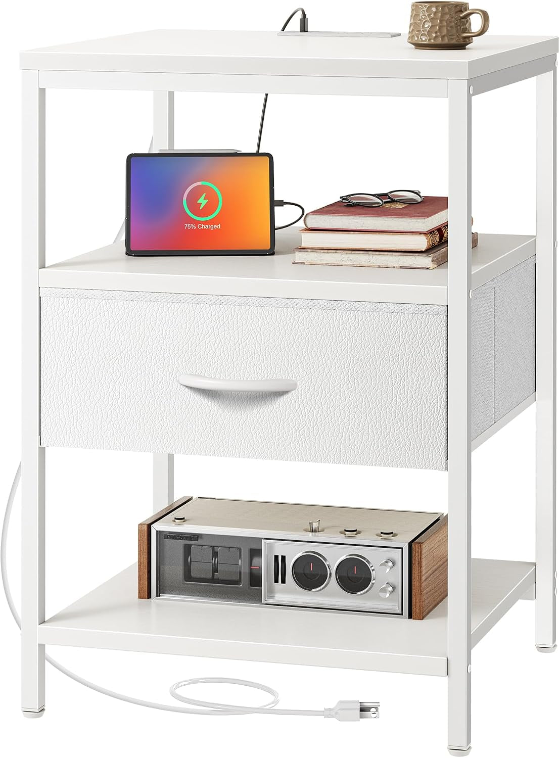 White three-tier nightstand with textured fabric drawer, tablet charging on middle shelf and radio on bottom shelf