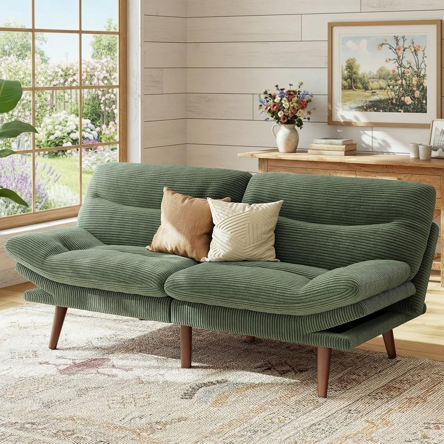 Green corduroy futon loveseat angled front view in a bright living room setting