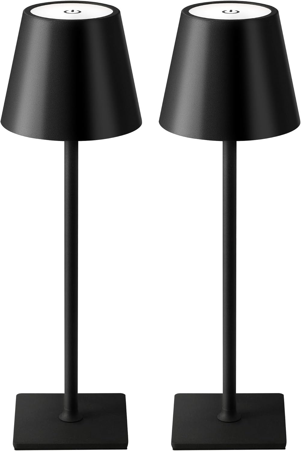 Two black cordless table lamps on a plain white background, front view showing slim stems and square bases