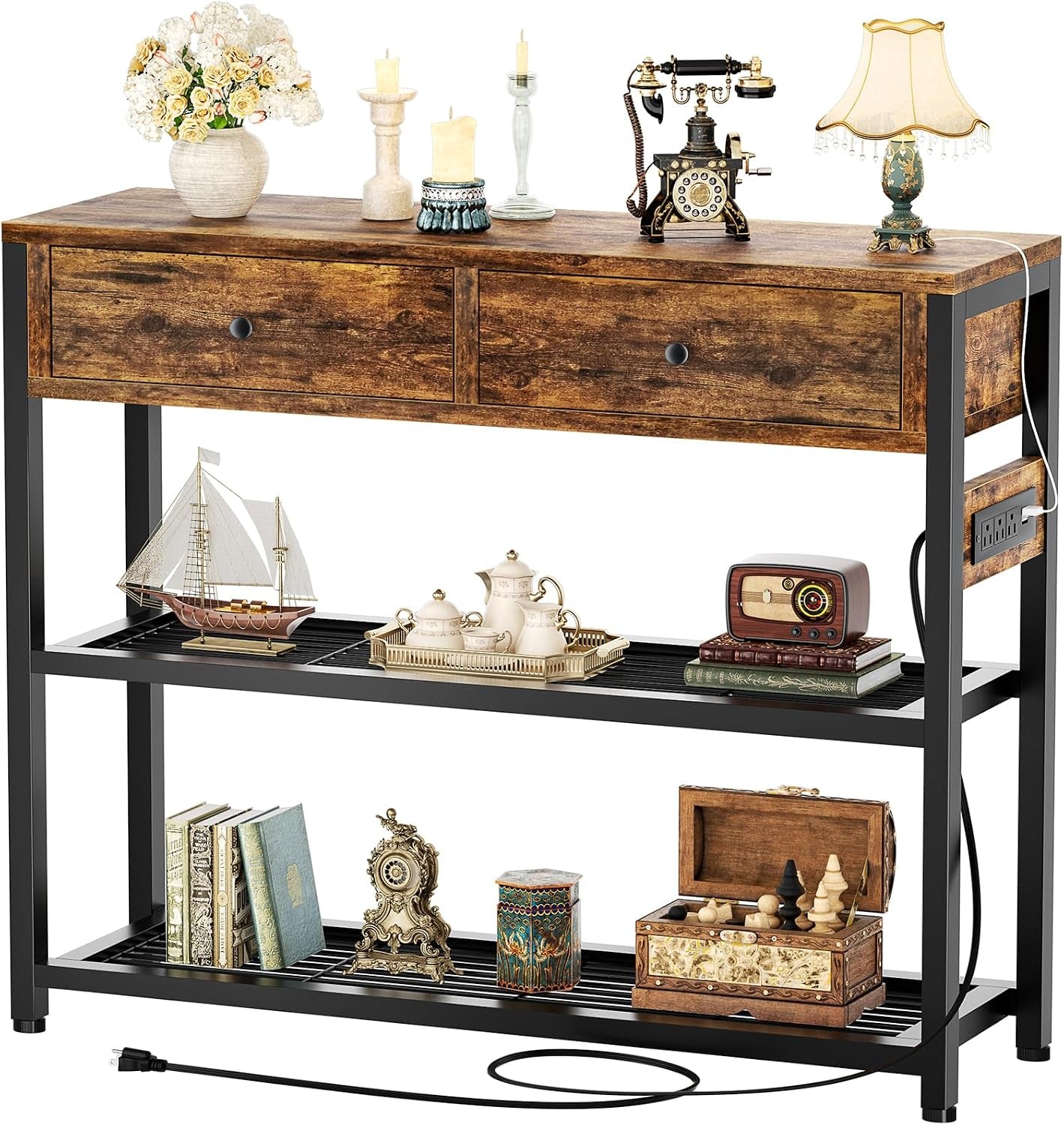 studio front view of the brown-finish console table on white background with lamp, flowers and vintage accents