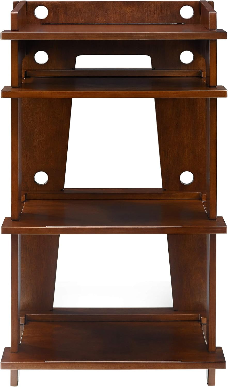 Straight-on front view of the mahogany stand showing three shelves and round cable holes in the back panels.