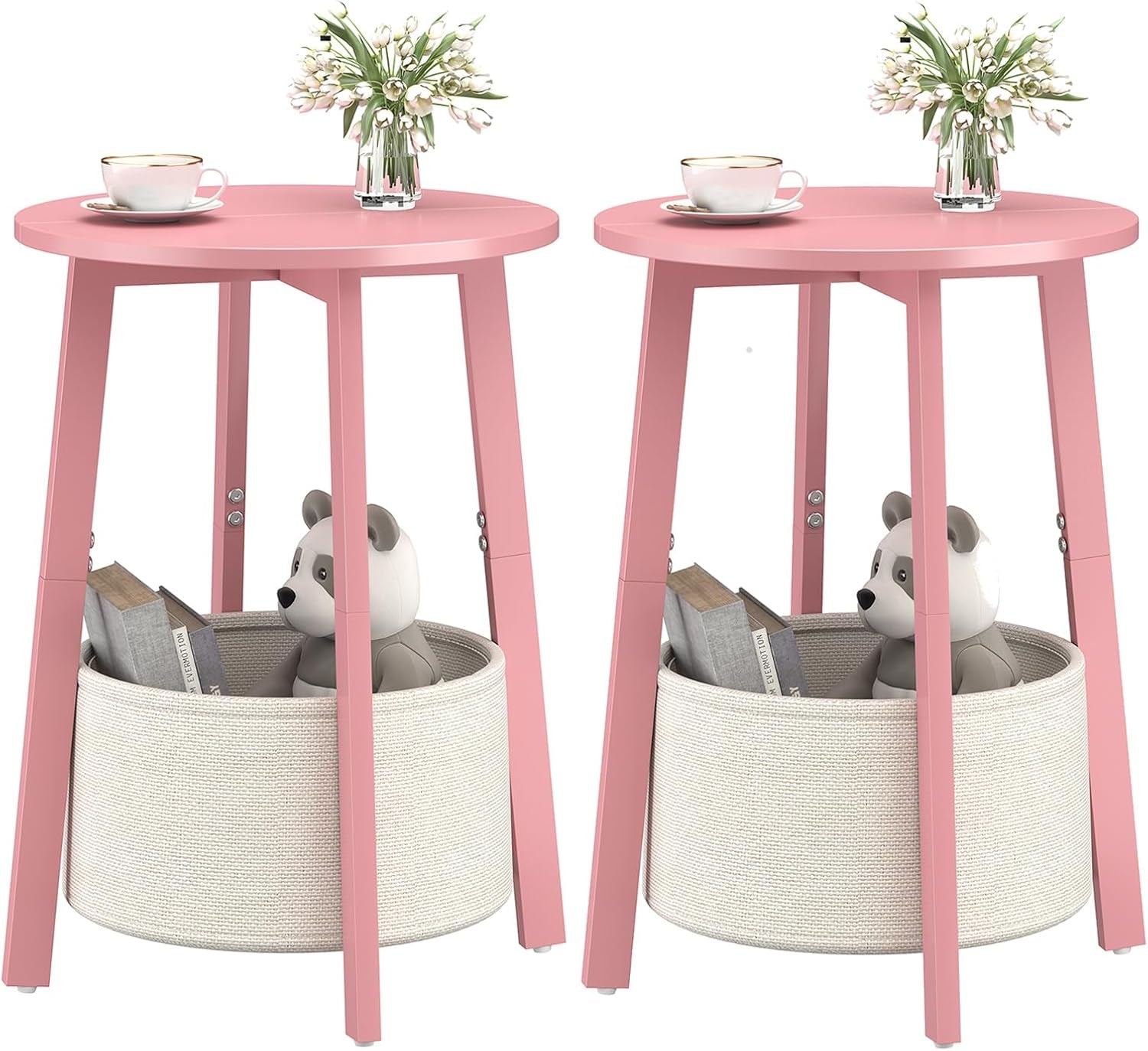 Two pink round side tables side by side, each with a white basket holding a toy and books.