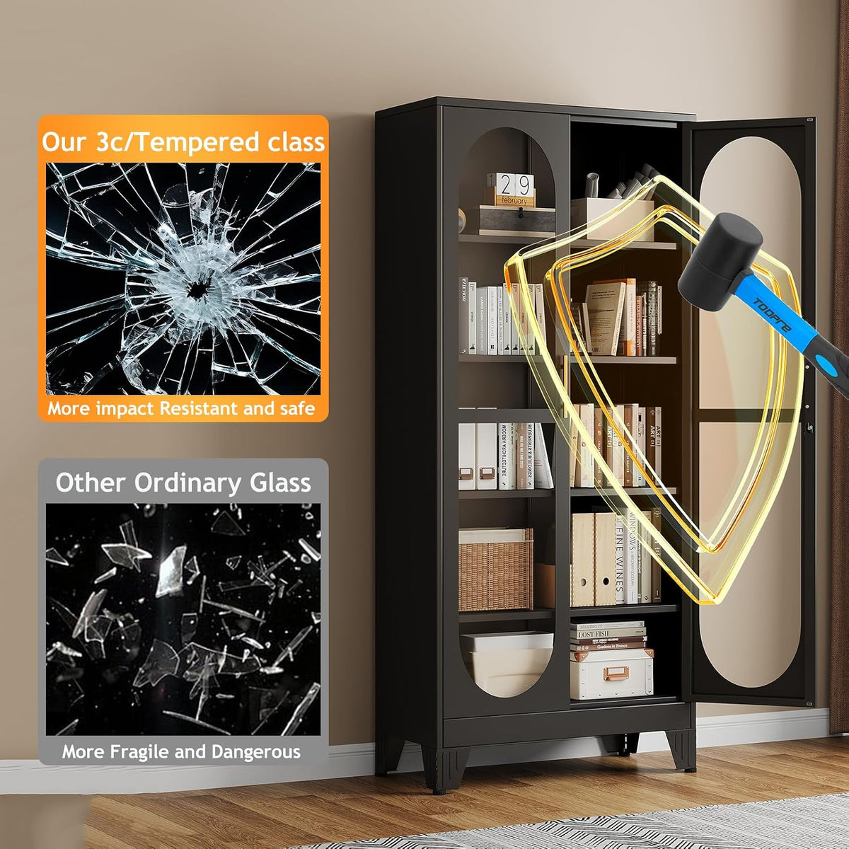 Black display cabinet with graphic comparing 3C-certified tempered glass to ordinary glass and a hammer overlay
