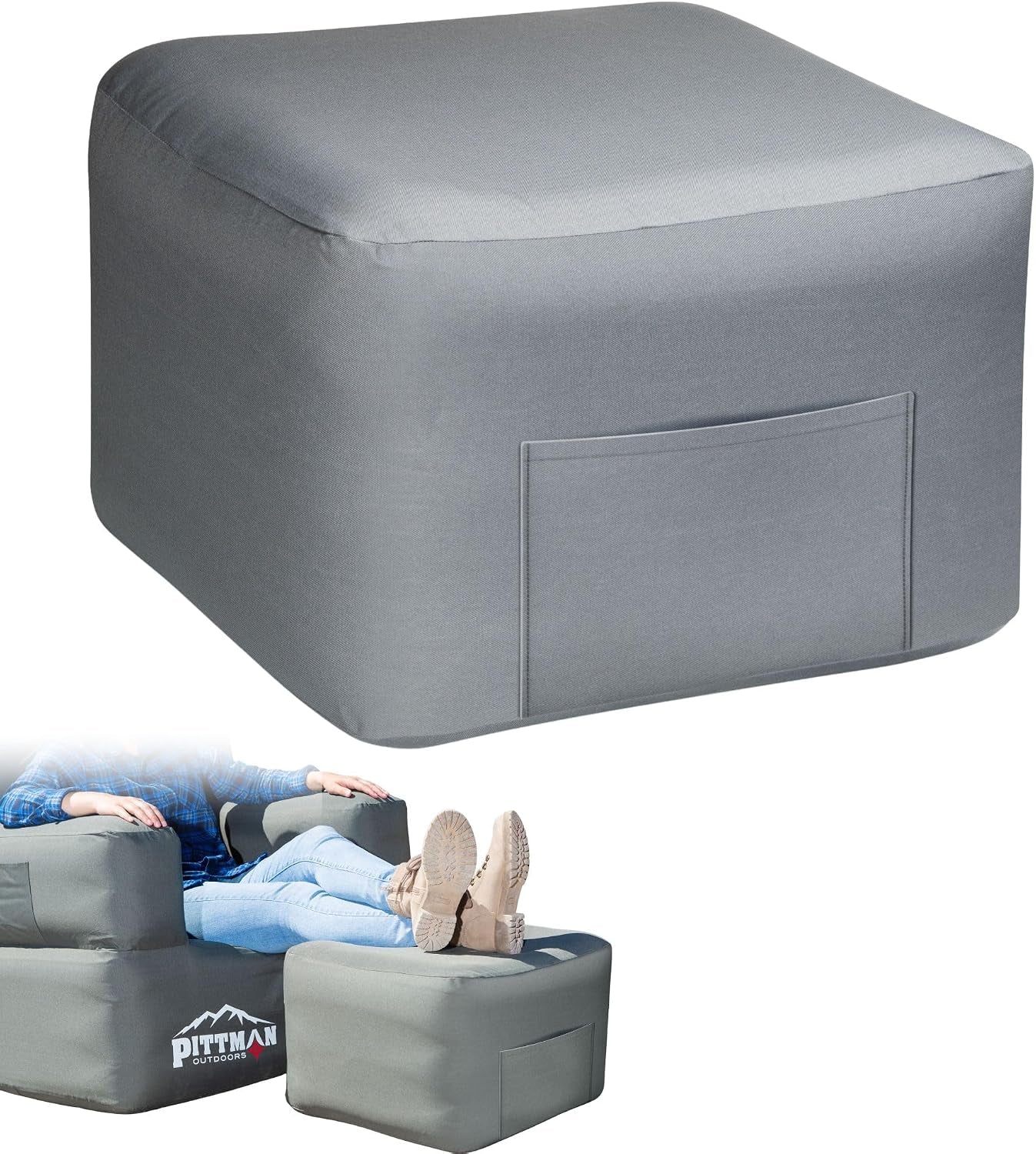 Close-up of a gray inflatable ottoman with a stitched side pocket; inset shows someone resting their feet on it from the