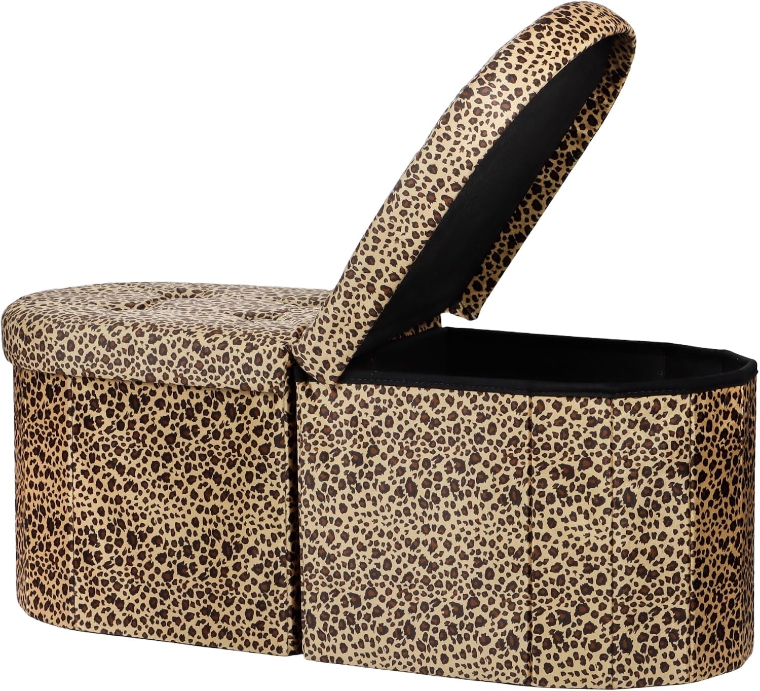 Side view of leopard print folding ottoman bench with oval padded seat and one lid open