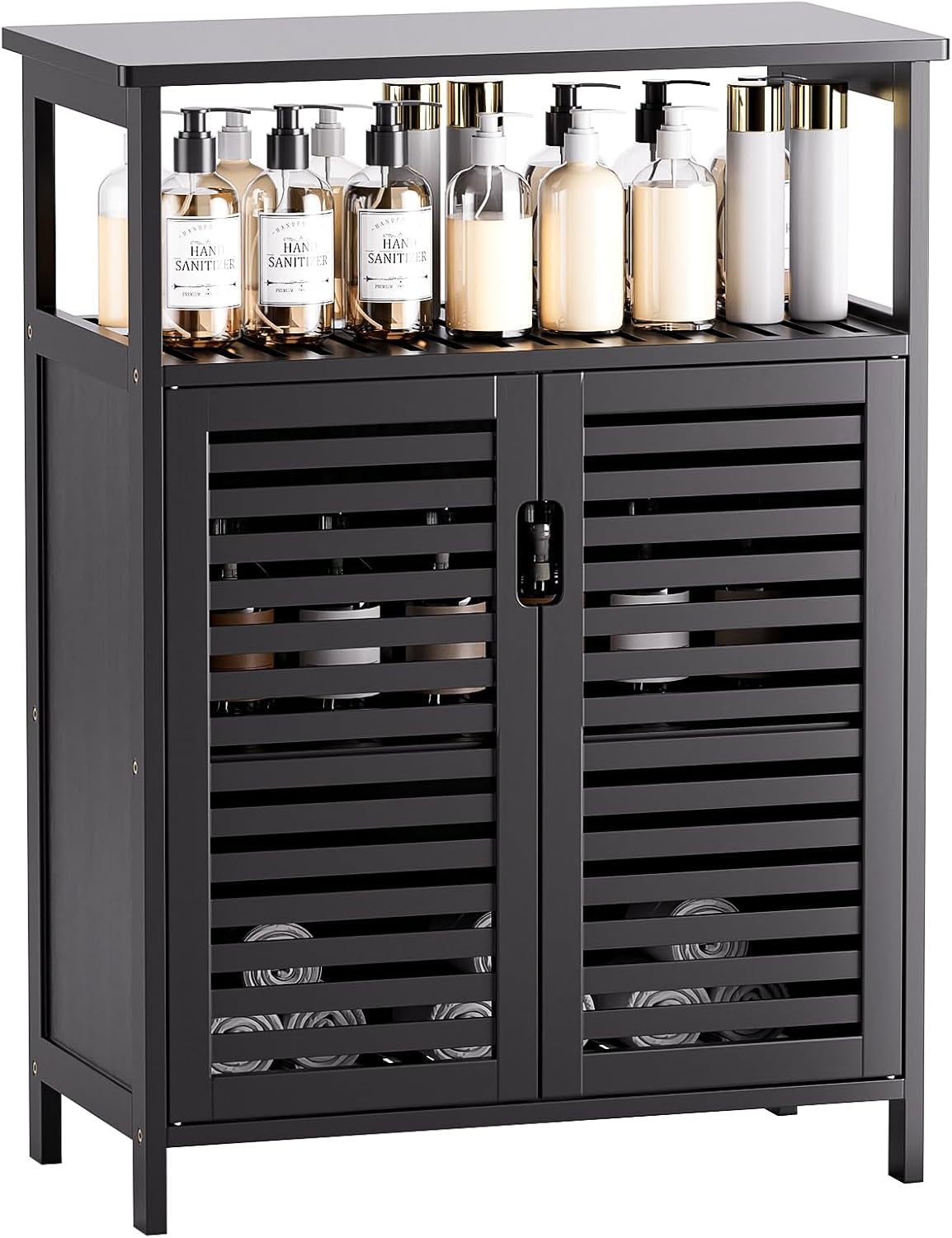 Freestanding dark walnut bathroom cabinet with slatted double doors and top open shelf holding bottles.