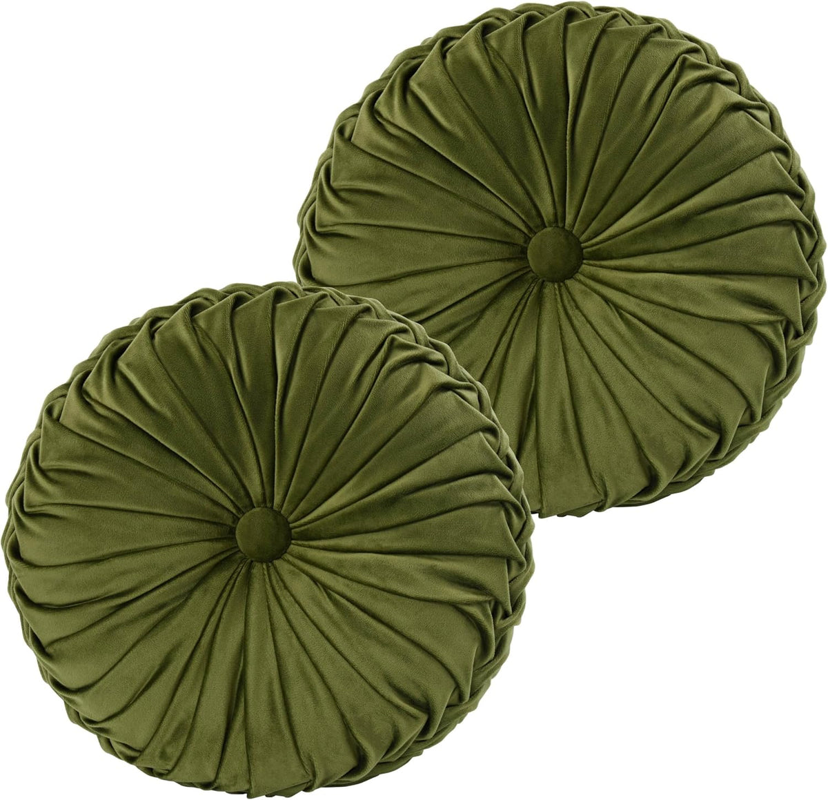 Two round ruched velvet-style decorative pillows in olive green, overlapping on white background