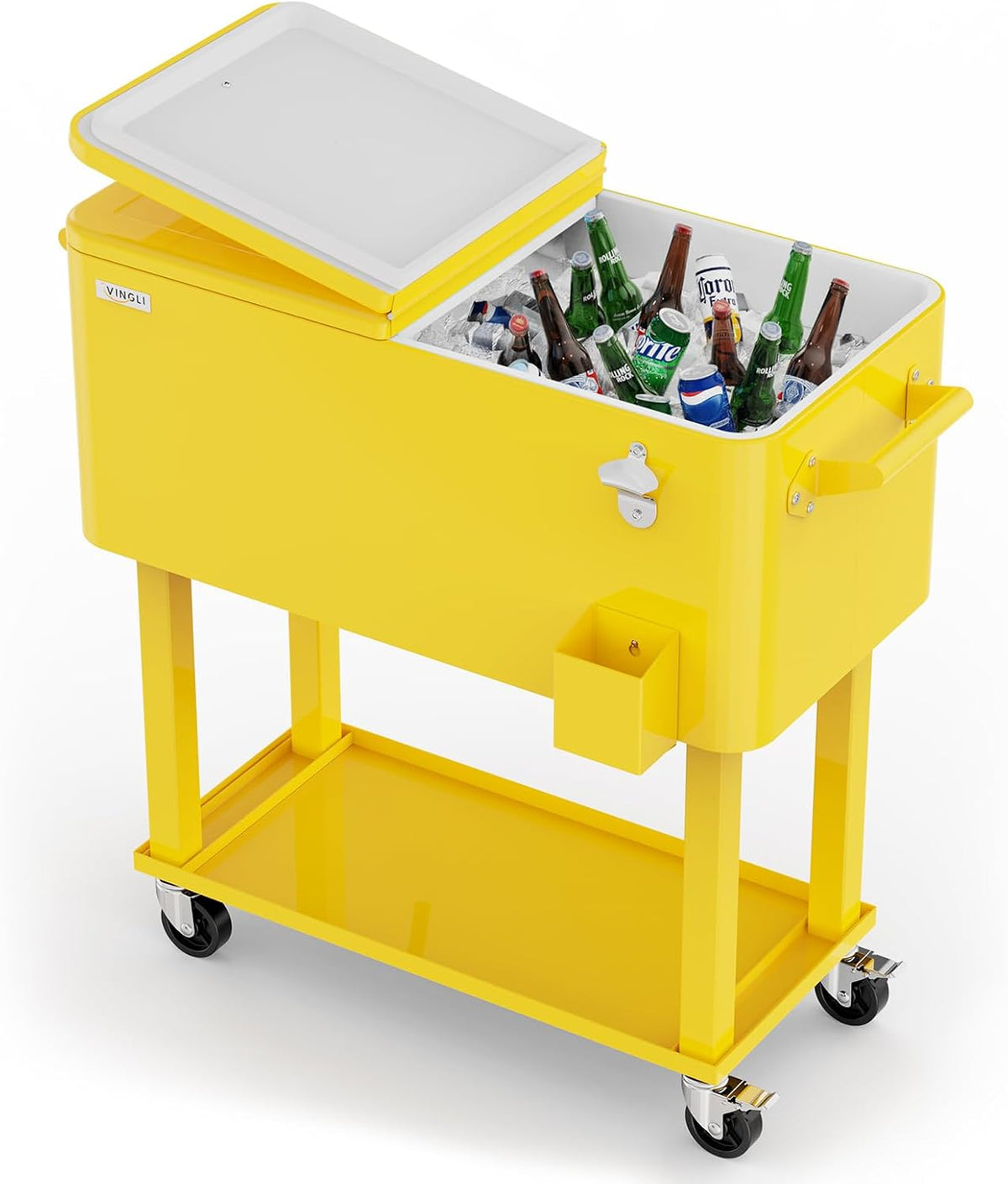 Bright yellow rolling ice chest on yellow stand filled with ice and assorted bottles, lid tilted open.