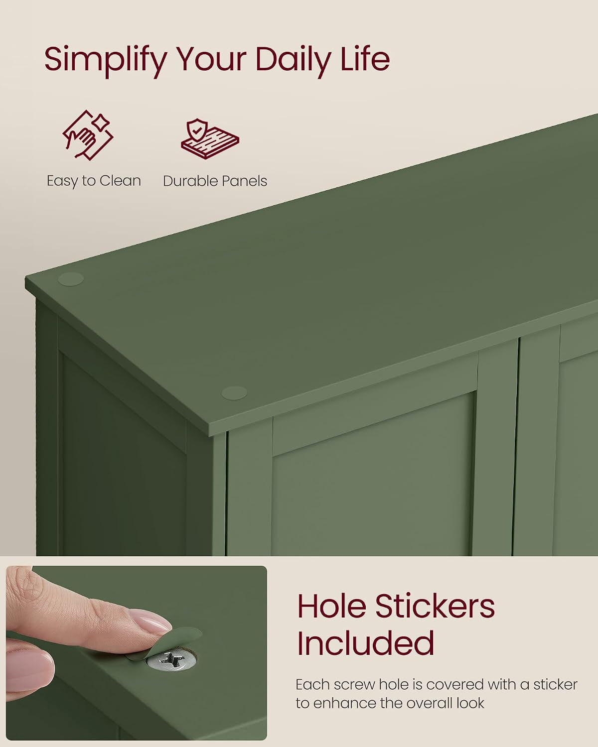 Close-up of forest green cabinet top corner showing smooth MDF top and a finger applying a matching hole-cover sticker