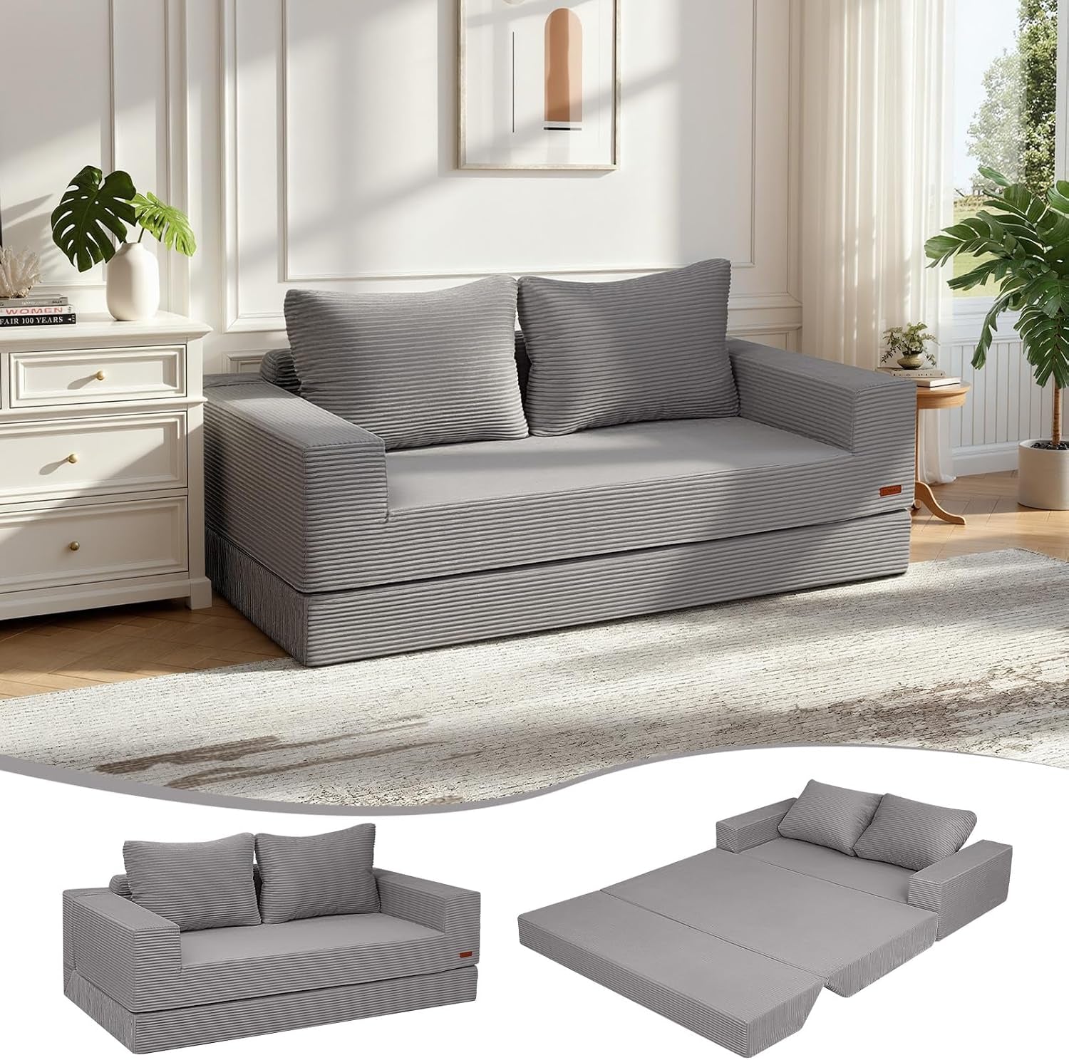 Grey corded-fabric convertible sofa in living room, front view showing two back cushions and armrests