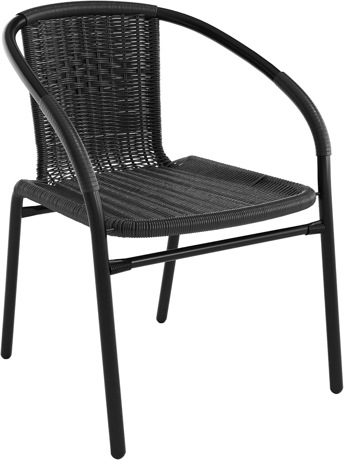 Single black rattan dining chair angled to show woven seat, curved arms and metal legs.