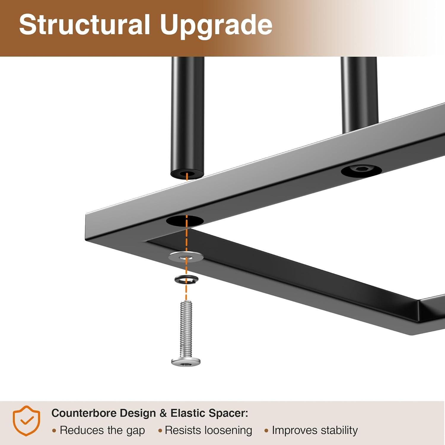 Underside view showing a screw and counterbore detail where a vertical pole attaches to the rectangular base