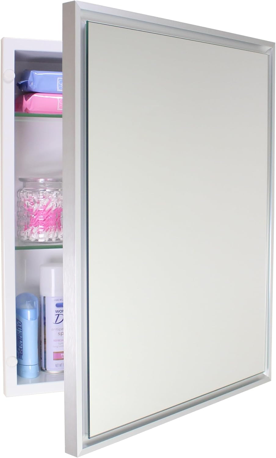 Brushed silver-framed recessed mirror at an angle with door ajar revealing glass shelves and jars