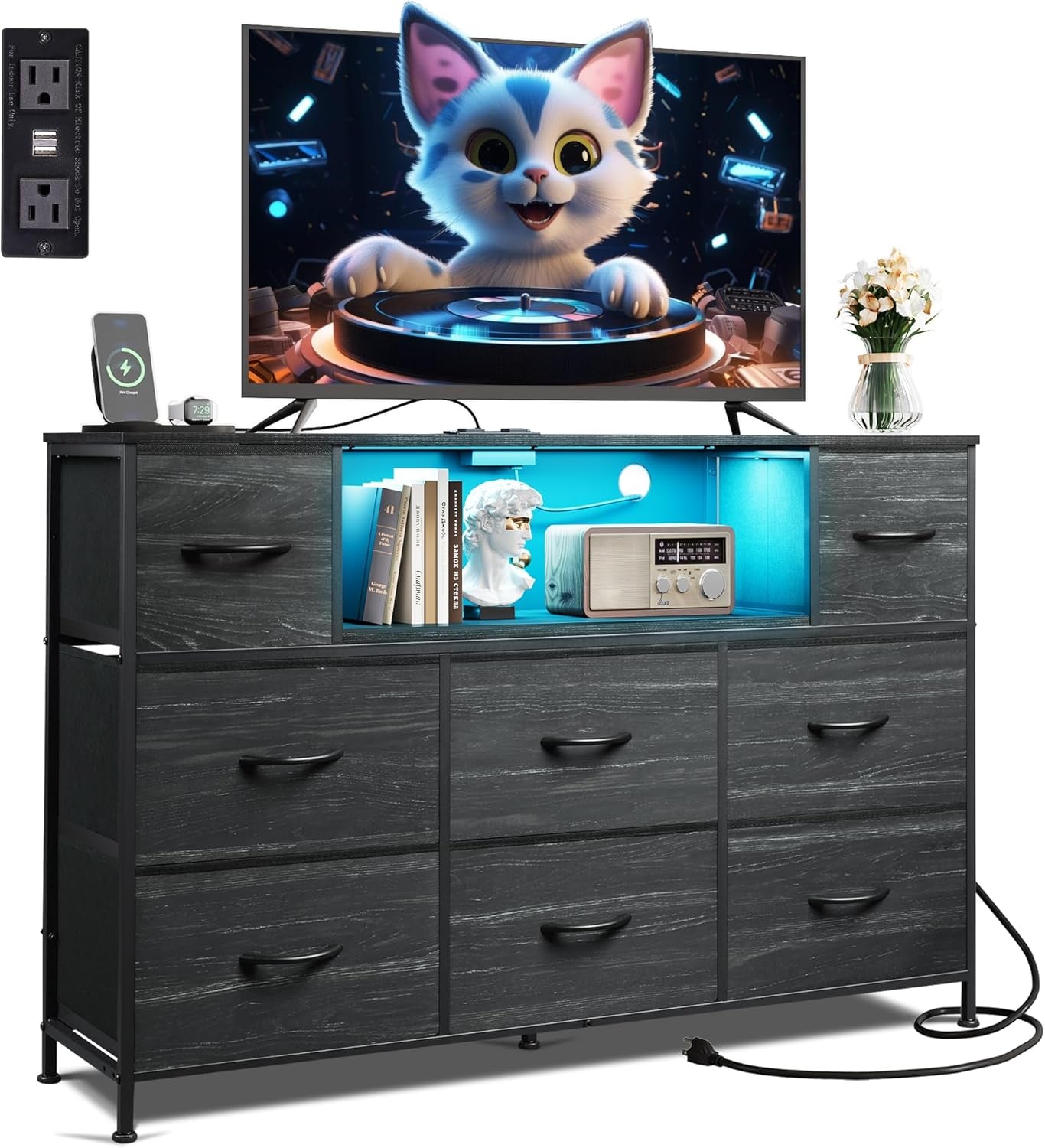 Charcoal gray 8-drawer dresser with center lit shelf showing books and decor under a TV.