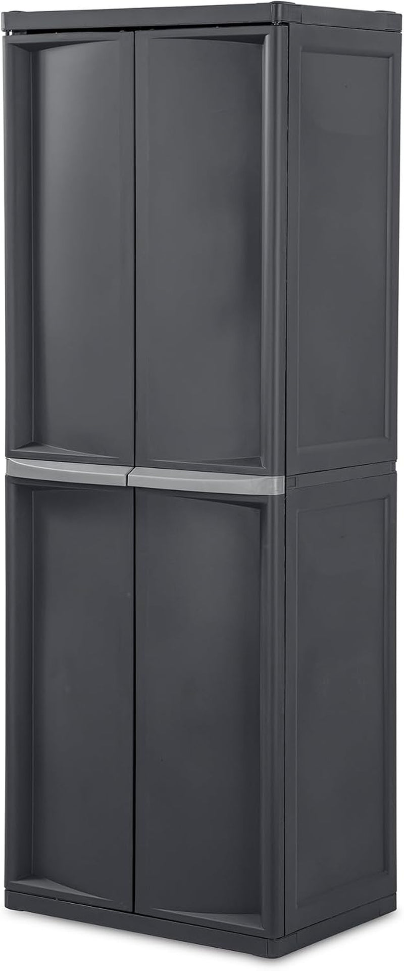 Tall gray plastic storage cabinet with two stacked compartments and four doors, shown standing alone.