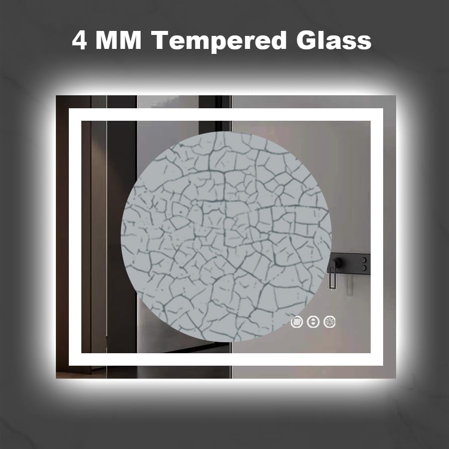 Close-up of mirror with circular inset showing cracked pattern texture to illustrate tempered glass safety