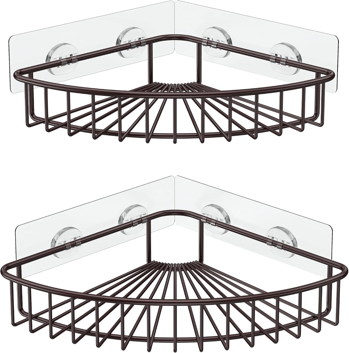 Close-up angled view of a single dark brown corner wire shelf with clear adhesive backing plates