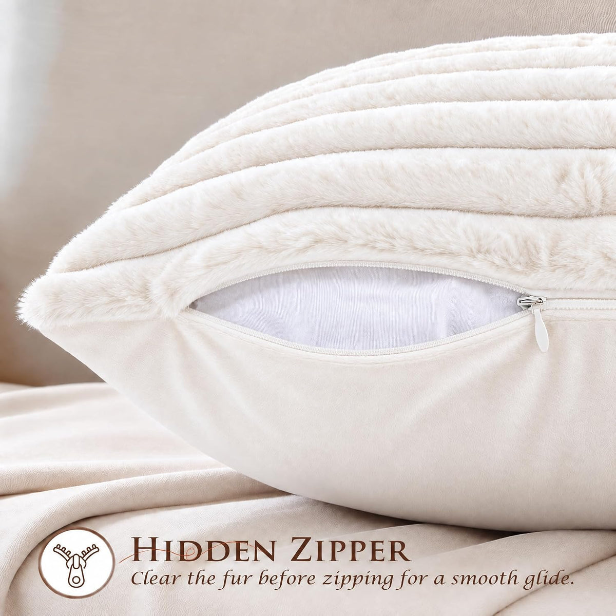 Side view of a cream pillow with hidden zipper opened to show the velvet back panel