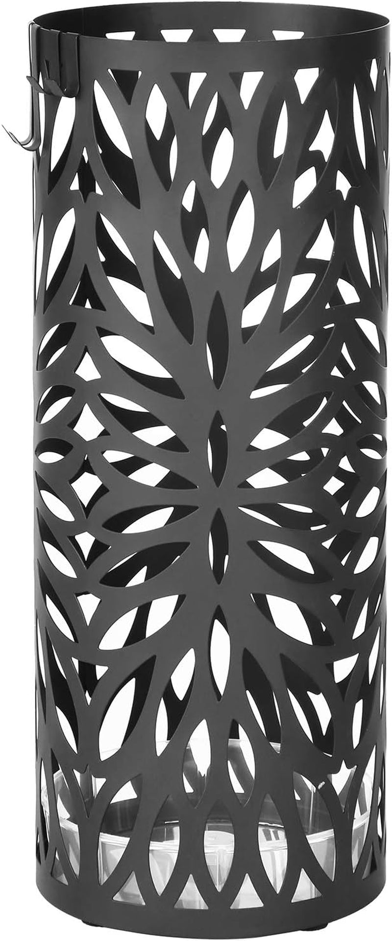 Tall black metal umbrella stand with leaf-shaped cutouts and a clear plastic drip tray visible at the bottom.
